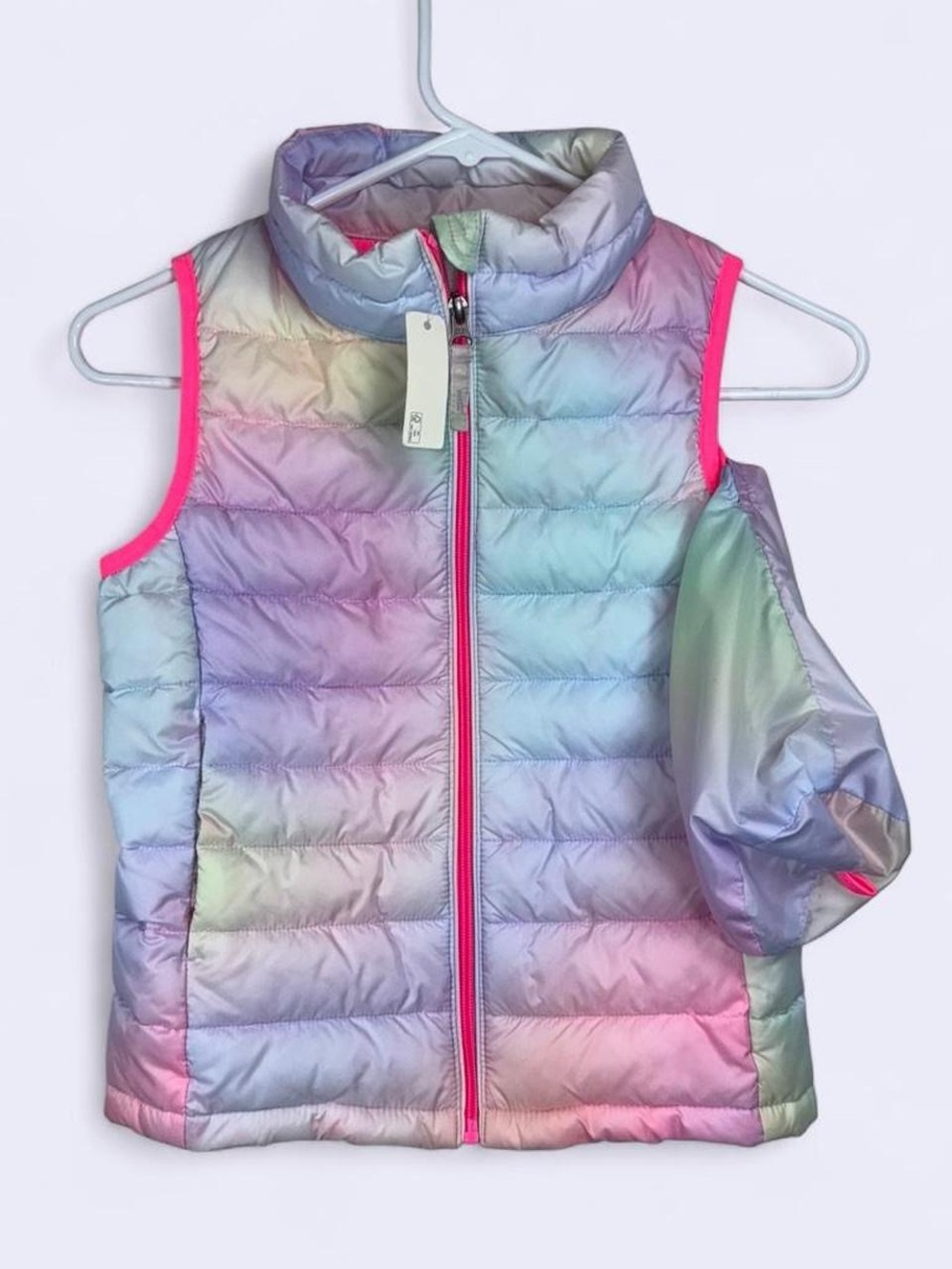 Amazon Essentials Girls Rainbow Iridescent Puffer Vest Pink Trim Size Large 9